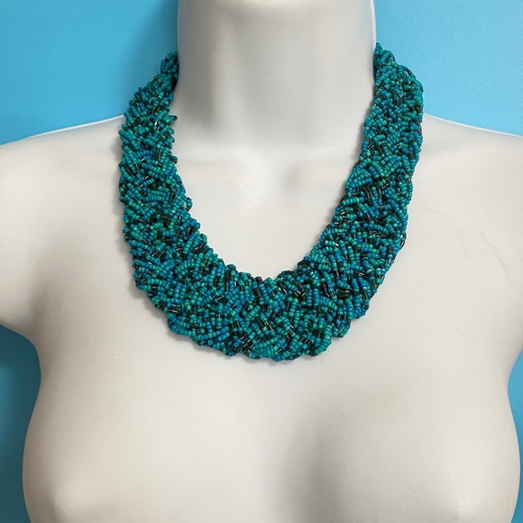 Seed Bead Necklace Wide Braided Artisan Made Blue Green - Picture 5 of 8